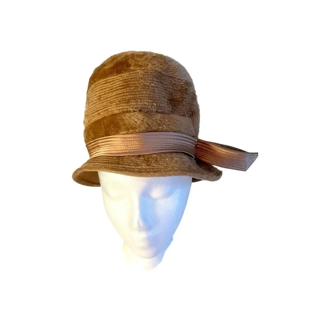Martell Cloche Hat Bowler Hat Tan Faux Fur Mod Satin Sash Bow European Vintage